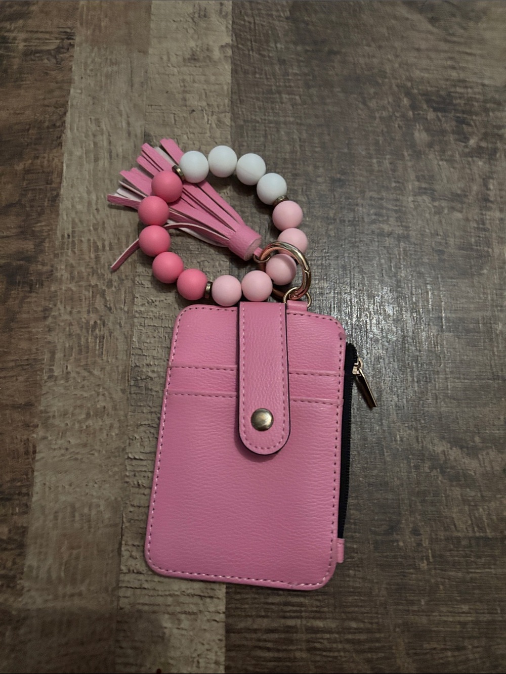 Pink Wristlet Card Holder with Tassel Bead Bracelet